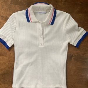 Zara White Blue and Pink Polo Shirt Size Small